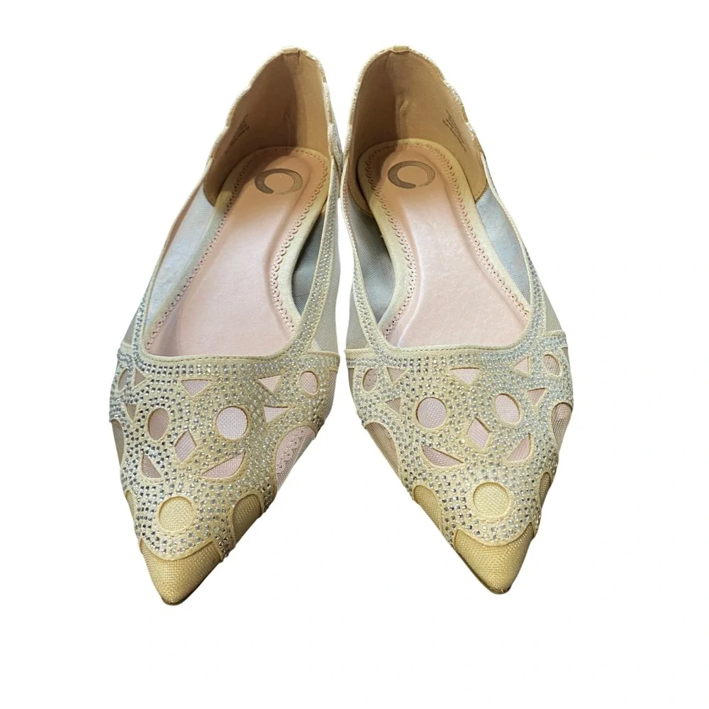 Journee Collection Champagne Rhinestone Mesh Pointed Toe Flats Womens 9 WD 9
